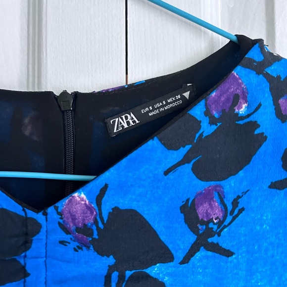 ZARA Blue Flowered Mini Dress Ruched S - Picture 5 of 6